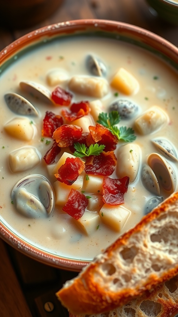 A bowl of clam chowder with bacon and parsley, served with crusty bread in a cozy kitchen.